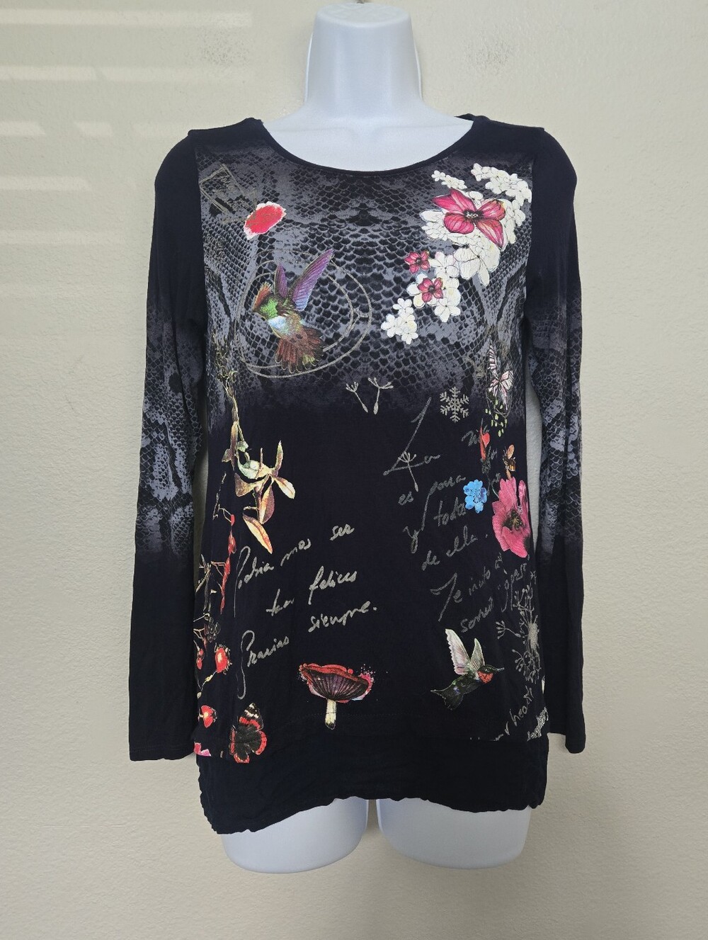 Desigual Bohemian Floral Birds Botanical Blue Tunic Size XS Fairyforest Boho